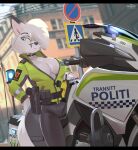  2023 absurd_res anthro artist_name black_bars blue_eyes breasts building canid canine city cleavage clothed clothing digital_media_(artwork) female fox fur hair hair_over_eye hi_res hinget mammal motorcycle one_eye_obstructed outside police_officer sign solo street_sign vehicle white_body white_fur widescreen window year 