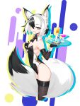  1girl abstract_background absurdres alcohol animal_ears bangs black_gloves black_hair black_leotard blue_eyes breasts cleavage cocktail commentary cowboy_shot deel_(rkeg) detached_collar detached_sleeves ear_piercing fox_ears fox_girl fox_tail from_side gloves grin hair_between_eyes highres holding holding_plate leotard looking_at_viewer medium_breasts multicolored_eyes multicolored_hair multicolored_tail original partially_fingerless_gloves piercing plate short_hair sleeve_cuffs smile solo tail white_hair yellow_eyes 