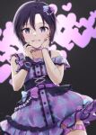  1girl black_hair blush bracelet choker dress dutch_angle frilled_dress frills grey_eyes hair_between_eyes hands_on_own_face hands_up heart heart_in_eye idolmaster idolmaster_(classic) idolmaster_2 idolmaster_million_live! idolmaster_million_live!_theater_days jewelry kikuchi_makoto looking_at_viewer mogskg open_mouth pearl_bracelet pearl_hair_ornament plaid short_hair smile solo symbol_in_eye 