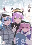  6+girls :d ;d absurdres amane_kanata blue_eyes blue_hair blurry blurry_background coat falling gloves goggles goggles_on_head green_eyes hakui_koyori hat highres hololive hoshimachi_suisei houshou_marine knit_hat long_hair minato_aqua multicolored_hair multiple_girls one_eye_closed open_mouth pink_eyes pink_hair purple_hair selfie shiraki_shiro sidelocks ski_goggles smile snow snow_on_face snowball snowball_fight snowboard standing streaked_hair tokoyami_towa tree twintails upper_body usada_pekora v virtual_youtuber white_gloves winter_clothes winter_coat 