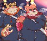  2023 anthro black_nose blush bodily_fluids cute_fangs duo felid hi_res humanoid_hands kemono male male/male mammal outside overweight overweight_male pantherine sansan_ocha sweat tiger 