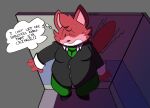  2023 anthro astralkettei bodily_fluids bottomwear clothing detailed_background dialogue domestic_cat english_text felid feline felis goro_(mappy) hi_res mammal mappy necktie nervous overweight pants red_body shiftylook shirt solo sweat text topwear 