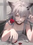  1girl animal_ears arknights bare_shoulders black_choker black_nails choker commentary flower grey_eyes grey_hair grin has_bad_revision has_downscaled_revision highres indoors kernel_killer lappland_(arknights) long_hair looking_at_viewer md5_mismatch mouth_hold nail_polish oripathy_lesion_(arknights) red_flower red_rose resolution_mismatch rose smile solo source_smaller strapless teeth_hold tube_top wolf_ears 