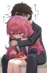  1boy 1girl bangs bare_legs behind_another black_suit blue_archive blue_eyes blue_jacket blue_shirt blush book brown_hair closed_mouth collared_shirt commentary_request crossed_bangs ear_blush formal hair_between_eyes halo hetero highres hug hug_from_behind iroha_(blue_archive) jacket lanenumber5 long_hair necktie open_book reading red_armband red_hair red_necktie revision sensei_(blue_archive) shirt short_hair sidelocks sitting size_difference smelling smelling_hair suit tatami translated very_long_hair wavy_hair 