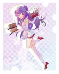  1girl double_bun food full_body hair_bun highres holding krrmanto noodles open_mouth purple_hair ramen ranma_1/2 red_footwear shampoo_(ranma_1/2) solo waitress 