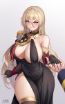  1boy 1girl absurdres aiguillette azur_lane bangs bismarck_(azur_lane) bismarck_(beacon_of_the_iron_blood)_(azur_lane) bismarck_(coat_of_arms) black_cape black_dress black_gloves black_jacket blonde_hair blue_eyes blush breasts cape cleavage closed_mouth coat_of_arms commander_(azur_lane) cowboy_shot cross dated dress elbow_gloves english_commentary epaulettes evening_gown fingerless_gloves glint gloves hair_between_eyes highres holding_hands iron_blood_(emblem) iron_cross jacket jewelry large_breasts long_hair long_sleeves looking_at_viewer medal pov pov_hands ring shoulder_cape sidelocks signature simple_background single_bare_shoulder single_epaulette skindentation smile solo_focus standing thighhighs twitter_username wedding_ring white_background whitter 