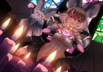  1girl akitsu_tombo animal animal_ears bare_shoulders bat_ears bat_girl bat_wings bow bowtie breasts brown_hair brown_long-eared_bat_(kemono_friends) candle center_frills cleavage commentary_request cuffs detached_collar dutch_angle elbow_gloves fang fingerless_gloves fire flame frills fur-trimmed_sleeves fur_trim gloves grey_hair heart heart_hands highres kemono_friends kemono_friends_v_project long_hair looking_at_viewer multicolored_hair multiple_wings off-shoulder_shirt off_shoulder open_mouth pantyhose pink_hair pleated_skirt shirt short_sleeves sitting skirt smile stained_glass virtual_youtuber wings yellow_eyes 