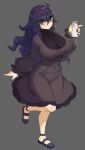  1girl absurdres ahoge black_nails blue_hair breasts closed_mouth cup dark_blue_hair dress flowers-imh full_body grey_background hairband hex_maniac_(pokemon) highres large_breasts long_hair pokemon pokemon_(game) pokemon_xy purple_hairband simple_background smile solo standing wavy_mouth 