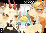  animal_crossing anthro audie_(animal_crossing) big_breasts blonde_hair blush breasts canid canine canis clothed clothing deer female hair horn lagomorph leporid mammal nintendo orange_body rabbit saamon_1010 shino_(animal_crossing) smile wolf 