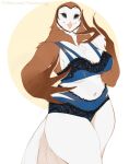  anthro avian beak beauty_mark bird blue_eyes breasts brown_body brown_feathers cleavage clothed clothing eyelashes feathers female hi_res lingerie owl panties pinup pose solo standing tail_feathers underwear vexstacy white_body white_feathers winged_arms wings 