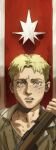  1boy absurdres aged_down bangs banner blonde_hair child crying crying_with_eyes_open dirty dirty_face english_commentary gun hand_up highres holding holding_gun holding_weapon jacket looking_at_viewer male_child male_focus mixed-language_commentary parted_lips portrait reiner_braun rifle shingeki_no_kyojin short_hair solo tears thisuserisalive weapon yellow_eyes 