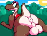  absurd_res anthro balls beta_yoshi butt digital_media_(artwork) dinosaur genitals hi_res ikakins looking_back male mario_bros nintendo nude presenting presenting_hindquarters reptile scalie solo yoshi 