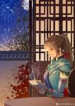  1girl absurdres aerial_fireworks bamboo bowl brown_hair chinese_clothes closed_mouth elbow_gloves fireworks gloves hair_tie highres holding holding_bowl holding_spoon hua_jianghu_zhi_bei_mo_ting ji_ruxue_(hua_jianghu) looking_down lu_wei_zong moon night open_door ponytail sash second-party_source solo spoon steam table two-tone_dress upper_body 