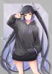  1girl 774_inc. absurdres alternate_costume bangs black_hair black_hoodie blunt_bangs blush butterfly_background commentary_request demon_girl demon_horns demon_tail feet_out_of_frame grey_background grin hand_in_pocket highres hood hood_down hoodie horns kojo_anna long_hair looking_at_viewer multicolored_hair pointy_ears purple_background purple_hair robou_no_stone smile solo tail twintails two-tone_hair very_long_hair virtual_youtuber w yellow_eyes 