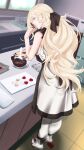  1girl apron black_apron black_dress blonde_hair blue_eyes bowl chocolate cooking dress highres kantai_collection kitchen long_hair microwave mole mole_under_eye mole_under_mouth richelieu_(kancolle) shingyou_(alexander-13) solo standing strapless strapless_dress two-tone_dress valentine very_long_hair white_dress 