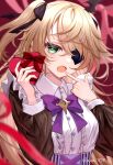  1girl ajino_(ajtm_7878) bangs bat_ornament black_ribbon blonde_hair blush bow bowtie box breasts buttons dress eyepatch fischl_(genshin_impact) frills genshin_impact gift green_eyes hair_over_one_eye hair_ribbon happy_valentine heart heart-shaped_box heart_button highres long_hair long_sleeves looking_at_viewer maid medium_breasts open_mouth purple_bow purple_bowtie red_ribbon ribbon solo two_side_up valentine 
