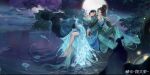  1boy 1girl absurdres anklet bare_legs barefoot bird black_hair chinese_clothes earrings flute fog full_body hair_ornament highres holding holding_instrument instrument jewelry long_hair moon night original peacock sash second-party_source water xiang_daxia 