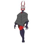  1:1 2_toes 3_fingers absurd_res antennae_(anatomy) anthro arthropod blush bugzilla caine_(agent_nutbust) cloak clothing fan_character feet fingers genitals hi_res hollow_knight magic_user male penis red_body simple_background solo team_cherry toes white_background 