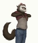  2019 anthro belly belt bottomwear brown_body brown_fur cettus cettus_chaput clothed clothing clothing_lift denim denim_clothing domestic_ferret fur jeans looking_down male mammal mustelid musteline pants shirt shirt_lift simple_background slightly_chubby slightly_chubby_anthro slightly_chubby_male solo standing tail topwear true_musteline weasel white_background white_face 