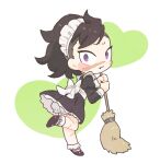  1boy alternate_costume apron back_bow black_dress black_footwear black_hair bloomers bobby_socks bow broom chibi closed_mouth crossdressing dress enmaided fang fang_out foot_up frilled_apron frills from_side frown full_body hands_up heart holding holding_broom juliet_sleeves kimetsu_no_yaiba long_hair long_sleeves looking_at_viewer looking_to_the_side maid maid_apron maid_headdress male_focus mohawk puffy_sleeves scar scar_on_face scar_on_leg scar_on_nose shinazugawa_genya shoe_soles shoes socks solo standing standing_on_one_leg underwear upskirt white_background white_bow white_socks zooooo_co 