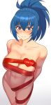  1girl abs blue_eyes blue_hair blush breasts happy_valentine heart highres large_breasts leona_heidern naked_ribbon navel nude ponytail red_ribbon ribbon solo sweat sweatdrop the_king_of_fighters toned valentine yukimune 