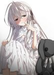  1girl absurdres artina black_ribbon blush breasts dress finger_to_mouth grey_eyes hair_ornament hair_ribbon highres kasugano_sora long_hair looking_at_viewer ribbon simple_background sitting small_breasts stuffed_animal stuffed_toy white_dress white_hair yosuga_no_sora 