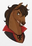  2022 ambiguous_gender blue_eyes brown_body brown_hair brown_mane bust_portrait clothing digital_media_(artwork) dolero equid equine eyebrows fangs feral hair hi_res horse jenery mammal mane portrait simple_background solo teeth 