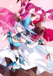  2girls absurdres bangs bare_shoulders black_bow black_thighhighs blue_dress blue_eyes blue_headwear blush bow braid breasts cleavage dress fairy_knight_tristan_(fate) fairy_knight_tristan_(valentine_witches)_(fate) fate/grand_order fate_(series) french_braid grey_eyes grey_hair hair_bow hat highres large_breasts long_hair looking_at_viewer misaki346 morgan_le_fay_(fate) morgan_le_fay_(valentine_witches)_(fate) multiple_girls open_mouth pink_dress pink_hair pink_headwear pointy_ears ponytail sidelocks smile thighhighs thighs very_long_hair witch_hat 