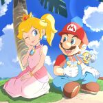  1boy 1girl blonde_hair blue_eyes blue_overalls blue_sky boots bracelet brown_footwear brown_hair crown dress drink drinking_straw earrings f.l.u.d.d. facial_hair gloves hand_on_own_cheek hand_on_own_face hat jewelry long_hair mario mario_(series) mustache one_eye_closed open_mouth overalls palm_tree pink_dress princess_peach shirt short_hair short_sleeves sky teeth tree upper_teeth_only white_gloves ya_mari_6363 