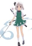  1girl bare_legs black_footwear black_ribbon blue_eyes blush collared_shirt frilled_skirt frills full_body green_skirt green_vest hair_ribbon highres hitodama hiyaya_(kochi_michikaze) holding holding_sword holding_weapon katana konpaku_youmu konpaku_youmu_(ghost) miniskirt puffy_short_sleeves puffy_sleeves ribbon shirt shoes short_hair short_sleeves simple_background skirt socks solo sword touhou vest weapon white_background white_hair white_shirt white_socks 