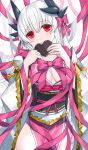  1girl bangs blush bow breasts candy chocolate cleavage closed_mouth commentary_request dragon_girl dragon_horns fate/grand_order fate_(series) food hair_bow hair_ornament heart heart-shaped_chocolate highres holding holding_chocolate holding_food horns japanese_clothes kiyohime_(fate) large_breasts long_hair long_sleeves looking_at_viewer morizono_shiki pink_bow pink_ribbon red_eyes ribbon sash smile solo white_hair wide_sleeves 