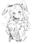  1girl :d animal_ears bangs blush breasts cleavage fake_animal_ears flower flower-shaped_pupils greyscale headband ikeuchi_tanuma long_hair long_sleeves looking_at_viewer medium_breasts monochrome ofi_(ikeuchi_tanuma) original parted_bangs playboy_bunny rabbit_ears simple_background sketch smile solo symbol-shaped_pupils upper_body white_background wrist_cuffs 