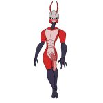  1:1 2_toes 3_fingers absurd_res antennae_(anatomy) anthro arthropod big_penis blush bugzilla caine_(agent_nutbust) fan_character feet fingers genitals hi_res hollow_knight long_penis magic_user male nude penis red_body simple_background solo team_cherry toes white_background 