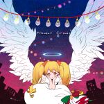  1girl angel angel_wings bag blonde_hair english_text feathered_wings glowing_halo halo inpr light_bulb lights long_hair night no_nose one-hour_drawing_challenge orange_eyes poet_(pop&#039;n_music) pop&#039;n_music puffy_short_sleeves puffy_sleeves sack short_sleeves sky skyline solo star_(sky) starry_sky twintails white_bag white_wings wings 