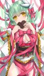  1girl bangs blush bow breasts candy chocolate cleavage closed_mouth commentary_request dragon_girl dragon_horns fate/grand_order fate_(series) food green_hair hair_bow hair_ornament heart heart-shaped_chocolate highres holding holding_chocolate holding_food horns japanese_clothes kiyohime_(fate) large_breasts long_hair long_sleeves looking_at_viewer morizono_shiki pink_bow pink_ribbon ribbon sash smile solo wide_sleeves yellow_eyes 