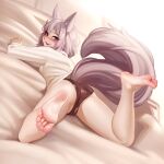  1girl :d animal_ear_fluff animal_ears ass bangs bare_legs barefoot bed_sheet black_panties blue_eyes cameltoe commentary english_commentary eyes_visible_through_hair feet feet_up from_behind grey_hair hair_between_eyes highres indoors kairunoburogu long_sleeves looking_at_viewer looking_back lying no_pants on_back on_bed open_mouth original panties shirt short_hair smile soles solo tail toes underwear white_shirt 