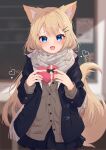 1girl :d absurdres animal_ear_fluff animal_ears bangs black_jacket black_skirt blonde_hair blue_eyes blurry blurry_background blush box brown_cardigan cardigan commentary_request depth_of_field fang fox_ears fox_girl fox_tail fringe_trim gift gift_box grey_scarf hair_ornament hairclip heart-shaped_box highres hinata_(user_rjkt4745) holding holding_gift indoors jacket long_hair long_sleeves looking_at_viewer open_clothes open_jacket original pleated_skirt scarf shirt skirt smile solo tail valentine very_long_hair white_shirt 