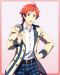  1boy ahoge belt breast_pocket buttons collared_shirt facial_hair fingernails goatee holding holding_magnifying_glass idolmaster idolmaster_side-m idolmaster_side-m_growing_stars long_sleeves magnifying_glass male_focus official_art pocket red_eyes red_hair shirt simple_background solo tendo_teru upper_body white_shirt 