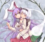  2girls :o absurdres alternate_costume animal_ears bangs bare_tree black_scarf blurry blurry_background blush bob_cut branch breasts closed_eyes coat cowboy_shot depth_of_field diving_penguin hairband highres hitodama hug hug_from_behind jacket konpaku_youmu konpaku_youmu_(ghost) large_breasts long_hair long_sleeves multiple_girls open_mouth pantyhose pleated_skirt purple_hair rabbit_ears reisen_udongein_inaba scarf shared_clothes shared_scarf skirt snow snowflakes snowing touhou tree winter winter_clothes yuri 