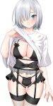  1girl alternate_costume black_bra black_panties blue_eyes bra breasts clothes_lift cowboy_shot fishnet_thighhighs fishnets garter_belt grey_hair hair_over_one_eye hamakaze_(kancolle) highres kantai_collection large_breasts lifted_by_self looking_at_viewer panties shirt shirt_lift short_hair simple_background solo standing thighhighs underwear white_background white_shirt yomogi_dango 