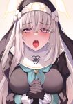  1girl absurdres bangs black_gloves blue_archive blush breasts gloves grey_hair halo highres konka long_hair looking_at_viewer nun open_mouth purple_eyes sakurako_(blue_archive) saliva solo sweatdrop teeth tongue veil 