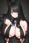  1girl animal_ears bangs bare_shoulders bell black-haired_fox_girl_(hayabusa) black_background black_gloves black_hair blue_eyes blush breast_curtain breasts commentary_request elbow_gloves gloves hand_in_own_hair hayabusa highres large_breasts long_hair looking_at_viewer mole mole_on_breast mole_under_eye original parted_lips sideboob simple_background slit_pupils smile solo thick_eyebrows upper_body 
