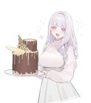  1girl azur_lane bangs breasts cake chocolate_cake dress fingernails food highres holding holding_tray light_purple_hair long_sleeves looking_at_viewer ohisashiburi open_mouth pink_eyes pink_sweater plymouth_(azur_lane) simple_background sleeves_past_wrists smile solo sweater tray valentine white_background white_dress 