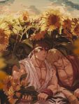  2boys abs bara black_hair blonde_hair bouquet couple dougi field flower flower_field head_on_another&#039;s_shoulder headband highres holding holding_bouquet ken_masters leaning_on_person male_focus multiple_boys muscular muscular_male nipples pectoral_cleavage pectorals ryu_(street_fighter) short_hair sleeping sleeping_on_person sleeping_upright stomach street_fighter sunflower yaoi yuiofire 