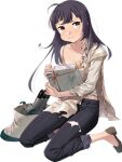  1girl ahoge black_hair black_pants box collarbone fujikawa fujinami_(kancolle) full_body gift gift_box grey_footwear grey_shirt holding holding_gift kantai_collection long_hair official_alternate_costume official_art pants shirt shoes solo torn_clothes torn_vest torpedo transparent_background vest yellow_eyes 