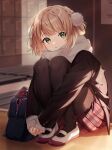  1girl bag bangs black_jacket black_pantyhose blonde_hair blunt_bangs blush commentary_request full_body green_eyes hair_ornament hair_rings highres hugging_own_legs indie_virtual_youtuber indoors interlocked_fingers jacket long_sleeves looking_at_viewer mochi_mi8042 own_hands_clasped own_hands_together pantyhose parted_lips plaid plaid_skirt pleated_skirt pom_pom_(clothes) pom_pom_hair_ornament red_skirt scarf school school_bag school_uniform shigure_ui_(vtuber) short_hair skirt solo squatting valentine white_scarf 