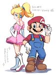  1boy 1girl blonde_hair blue_overalls boots brown_footwear crown dress earrings elbow_gloves facial_hair gloves hat highres jewelry mario mario_(series) mustache overalls pink_dress princess_peach red_headwear red_shirt shirt shoes short_hair simple_background white_background white_footwear white_gloves ya_mari_6363 