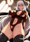  1girl areola_slip black_thighhighs blue_archive blush breasts cameltoe chocolate chocolate_on_body chocolate_on_breasts covered_nipples food_on_body grey_hair groin halo highres kanno_takanori large_breasts long_hair navel nun purple_eyes pussy_juice sakurako_(blue_archive) solo thighhighs veil 
