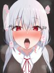  1girl absurdres bangs blush breasts dark_background from_above full-face_blush grey_hair hair_between_eyes hakase_fuyuki heart heart-shaped_pupils highres hukigen_dadada large_breasts long_hair looking_at_viewer low_twintails nijisanji open_mouth oral_invitation red_ribbon ribbon saliva simple_background solo symbol-shaped_pupils tongue tongue_out twintails virtual_youtuber 