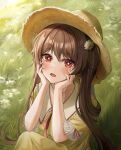  1girl absurdres alternate_costume blush brown_hair dress flower flower-shaped_pupils genshin_impact hair_flower hair_ornament hands_on_own_face hasom hat highres hu_tao_(genshin_impact) long_hair looking_at_viewer open_mouth red_eyes short_sleeves solo straw_hat symbol-shaped_pupils twintails very_long_hair white_flower yellow_dress 